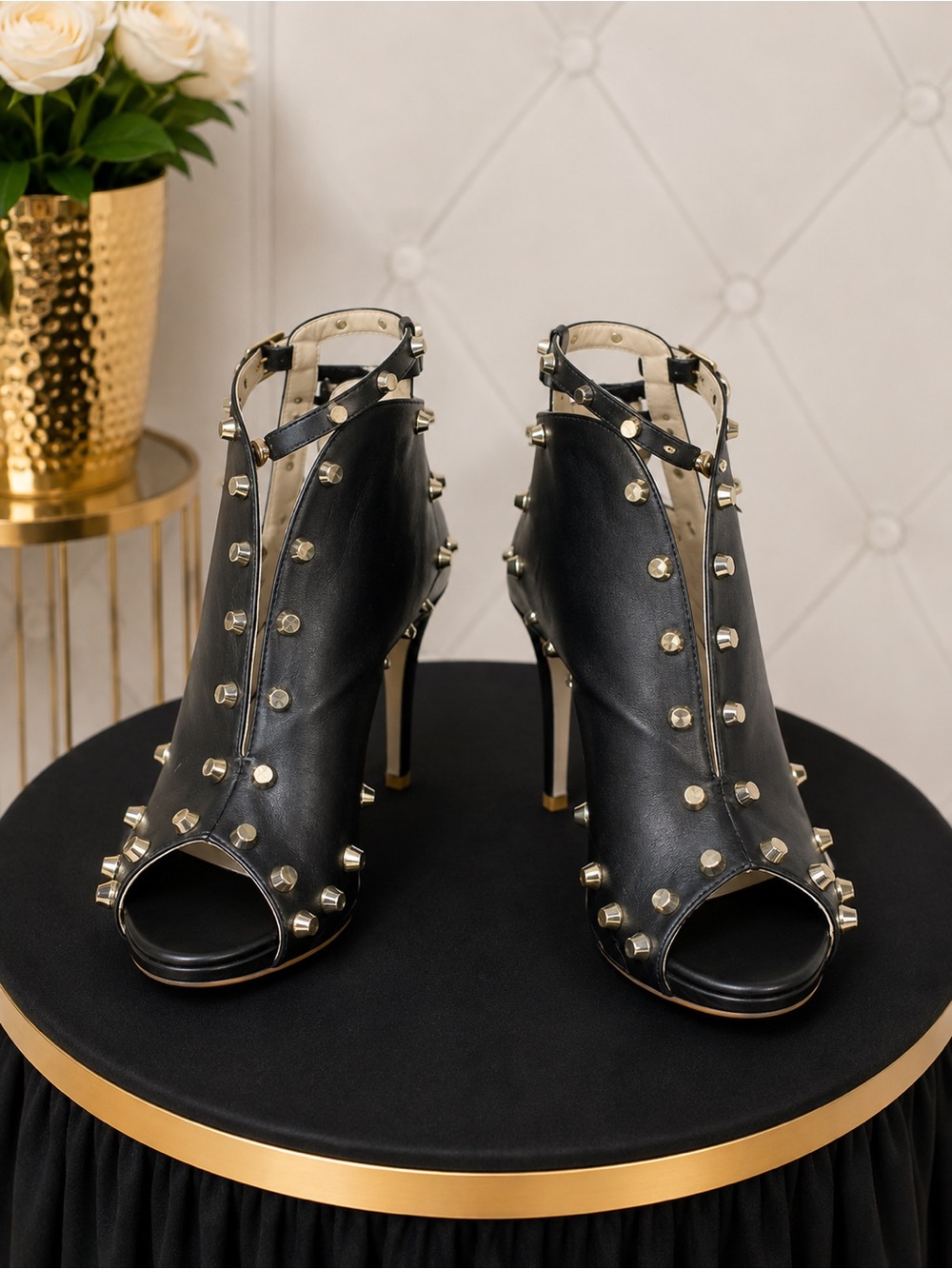 Black Studded Peep-Toe High Heel Booties